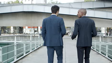 back view of businessmen talking on city street