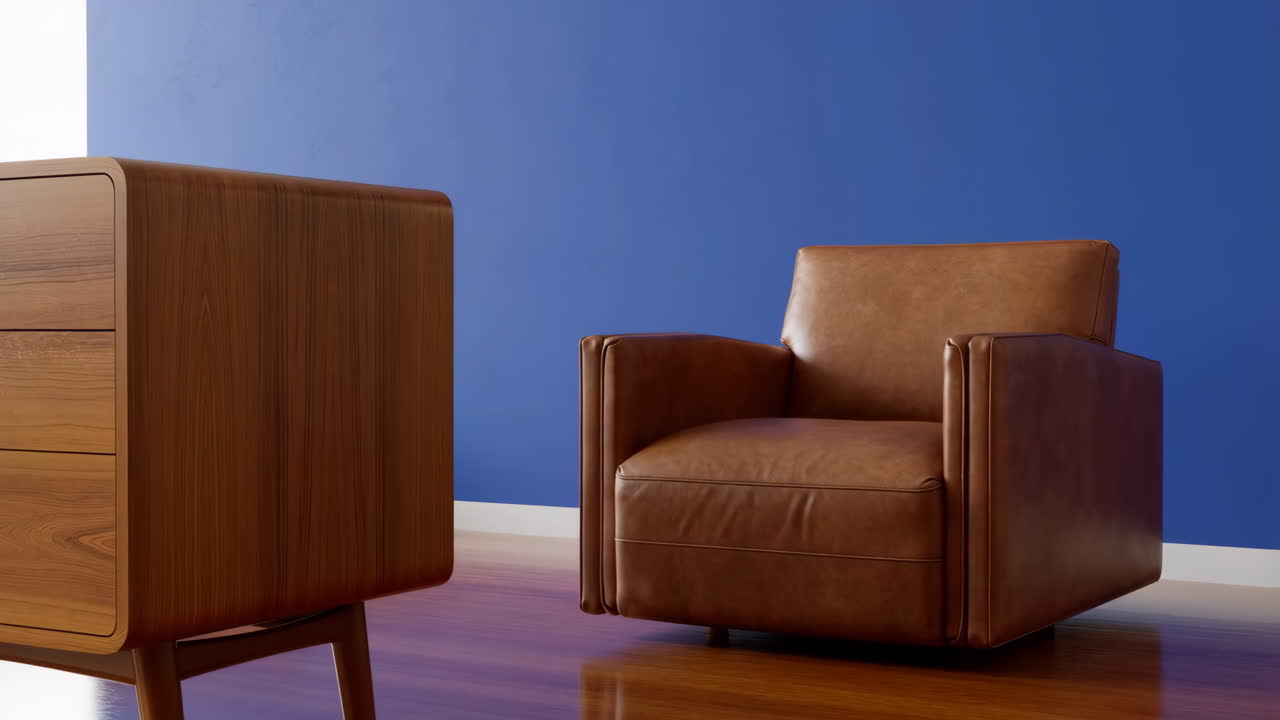 Modern Brown Leather Armchair and Wooden Cabinet in a Room with a Blue Wall