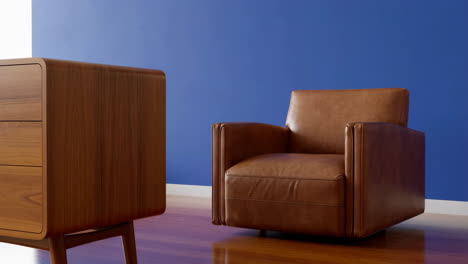 modern brown leather armchair and wooden cabinet in a room with a blue wall