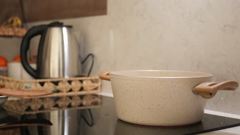 a white pot with wooden handles on an induction cooktop in a modern kitchen