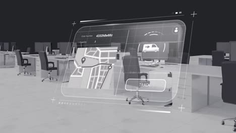 animation of digital interface with data processing over office interior with desks and computers