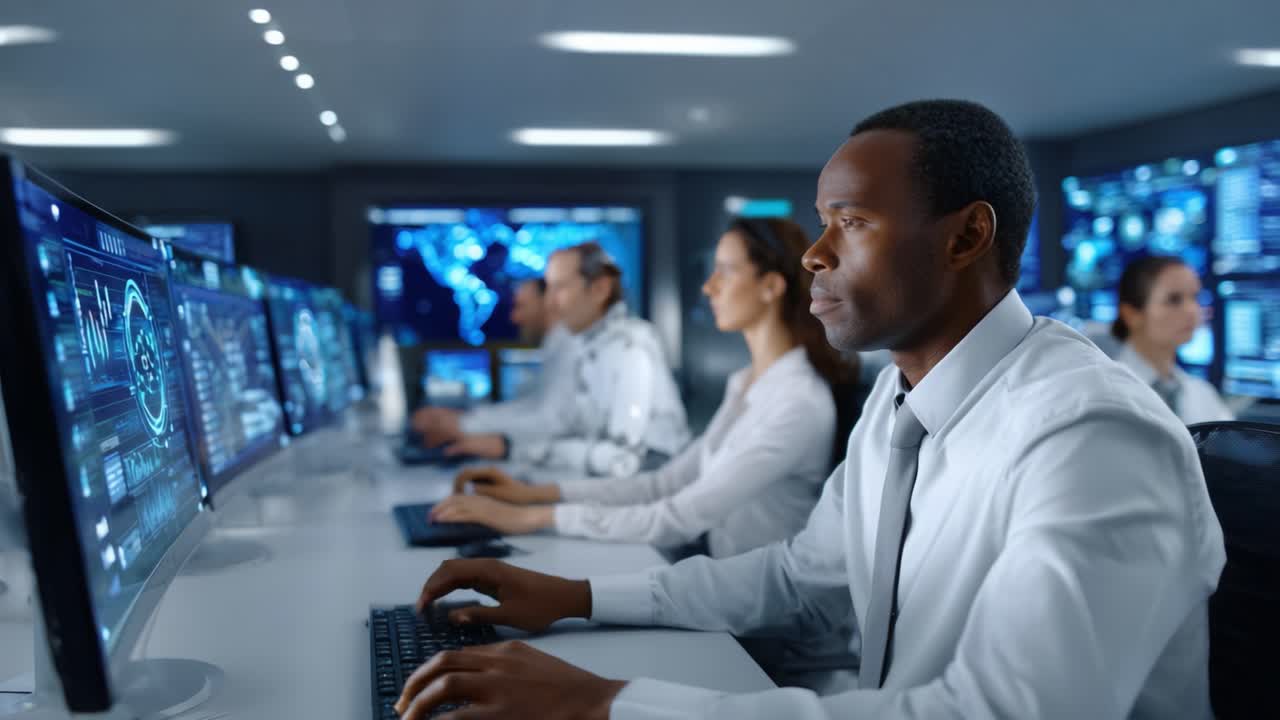 Focused Analyst in High-Tech Workstation Analyzing Data with Multiple Monitors in a Modern Control Room Setting