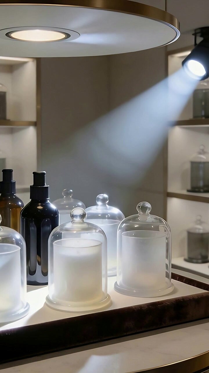 Vertical video: Turning spotlight sweeping across shop tray, showcasing cloches and pump bottles