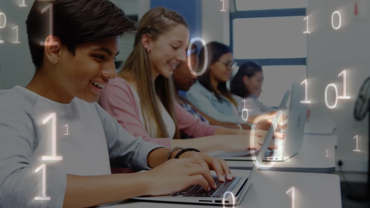 Students working with laptops while numbers move
