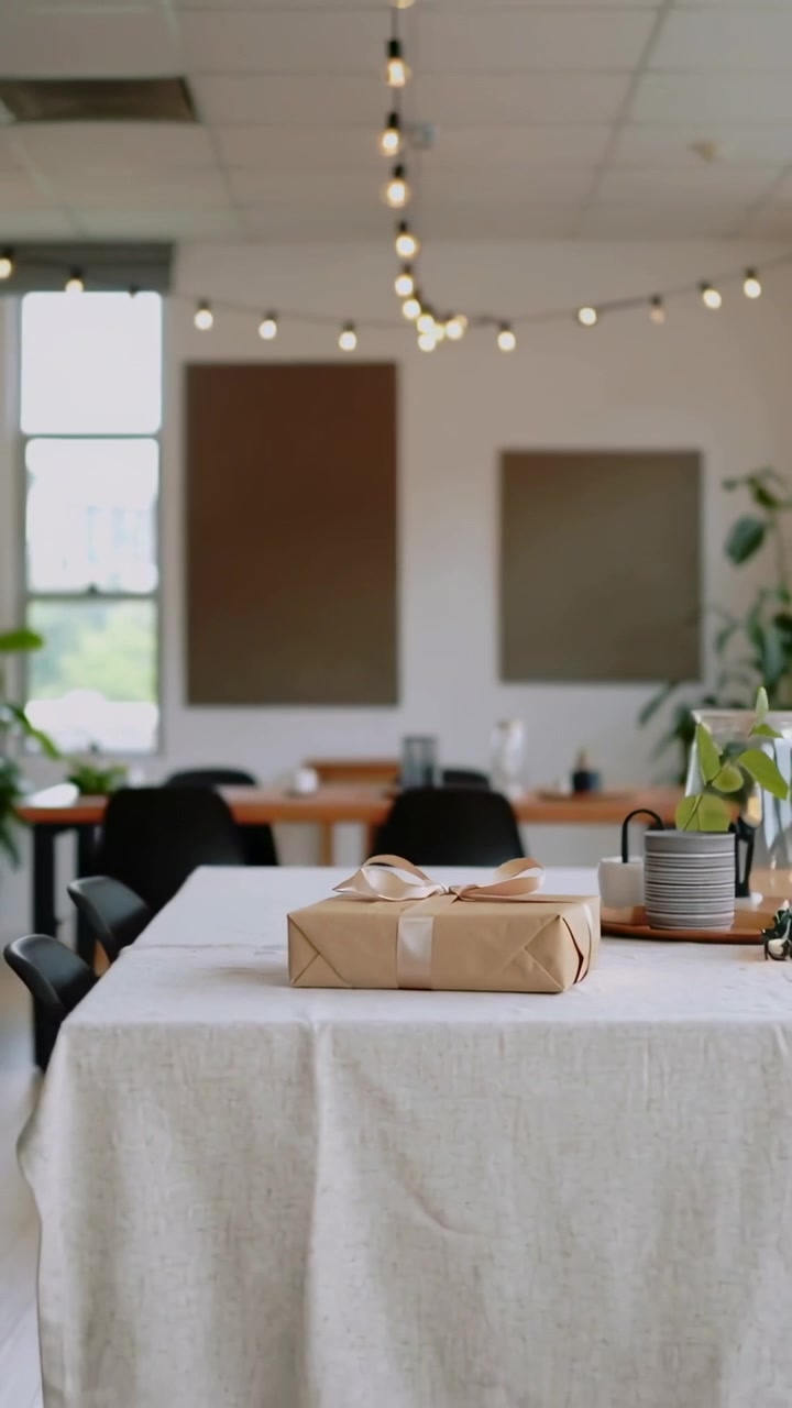 Vertical video: Placing hands in blue shirt smoothing wrapped gift on table, with plates and plants