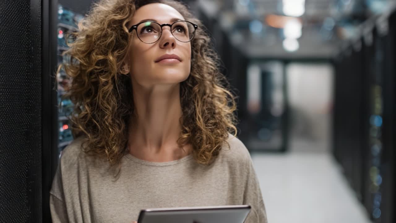 A focused woman with curly hair, wearing glasses, contemplates while holding a tablet in a modern data center filled with server racks and technology