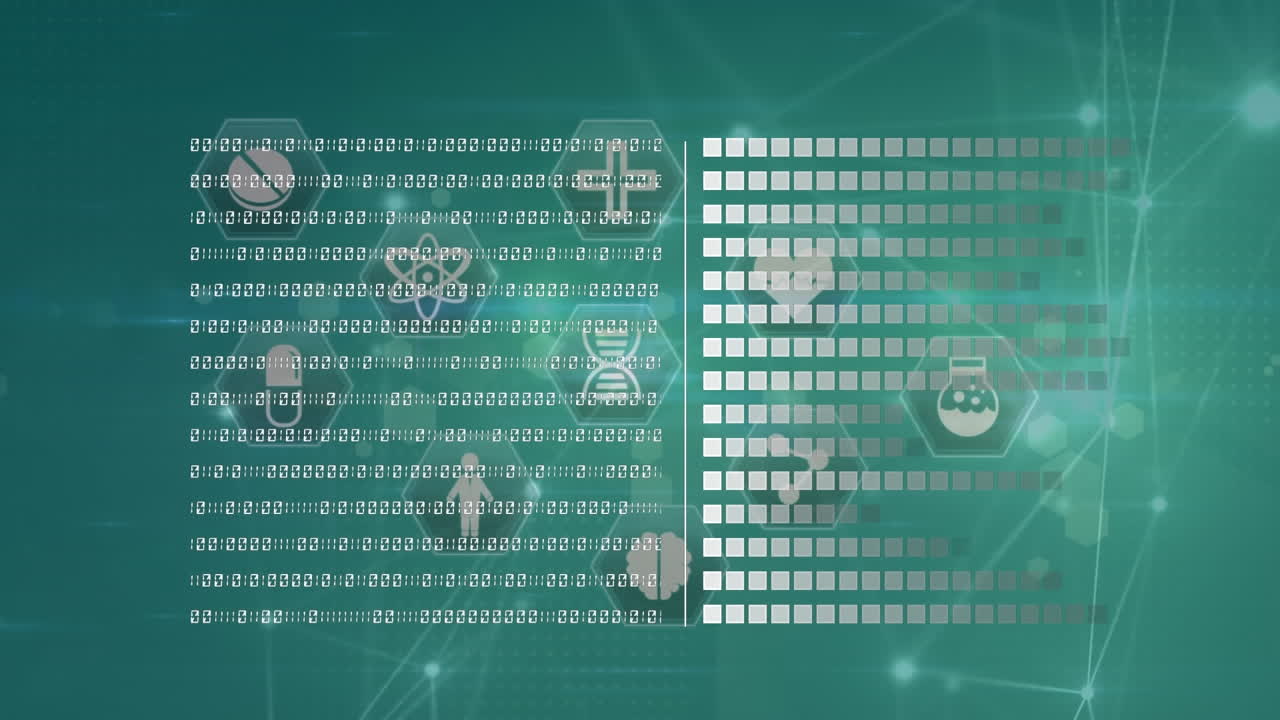 Animation of data processing with icons and network of connections over blue background