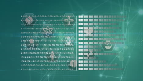 animación del procesamiento de datos con iconos y red de conexiones sobre fondo azul