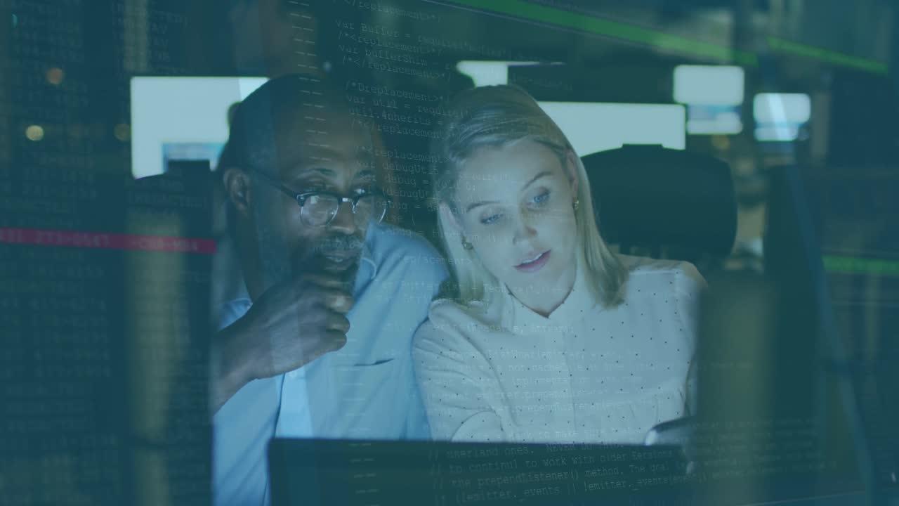 Animation of data processing over diverse business people talking