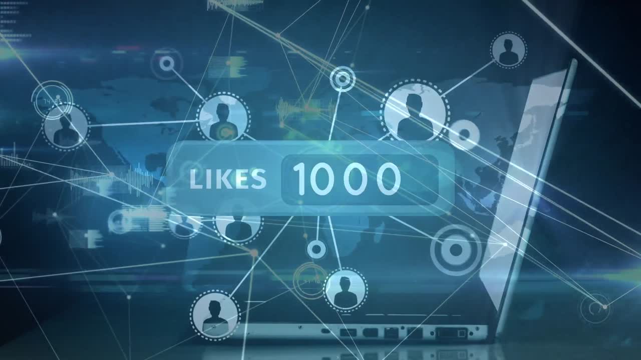 파란색 배경에 아이콘과 노트북으로 연결된 네트워크의 애니메이션