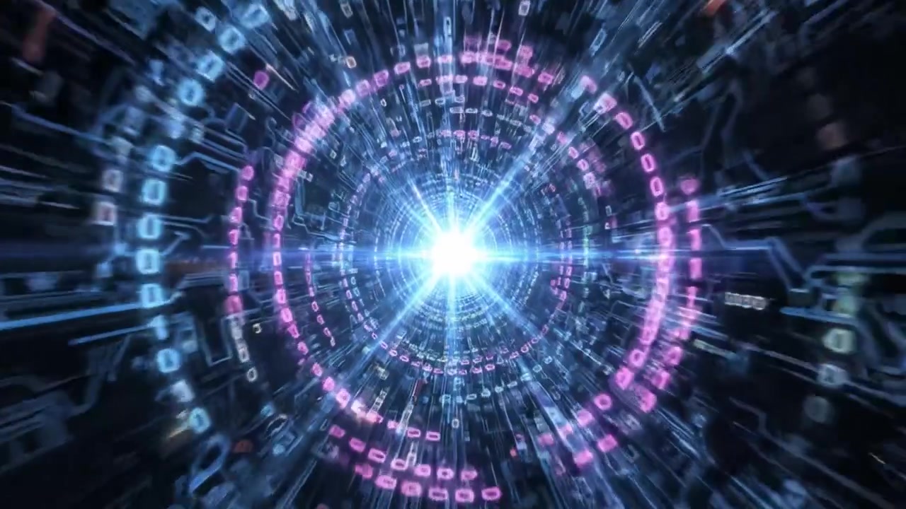 Rappresentazione dinamica del flusso di dati in uno spazio digitale futuristico, caratterizzato da una luce centrale brillante e da schemi binari rotanti.
