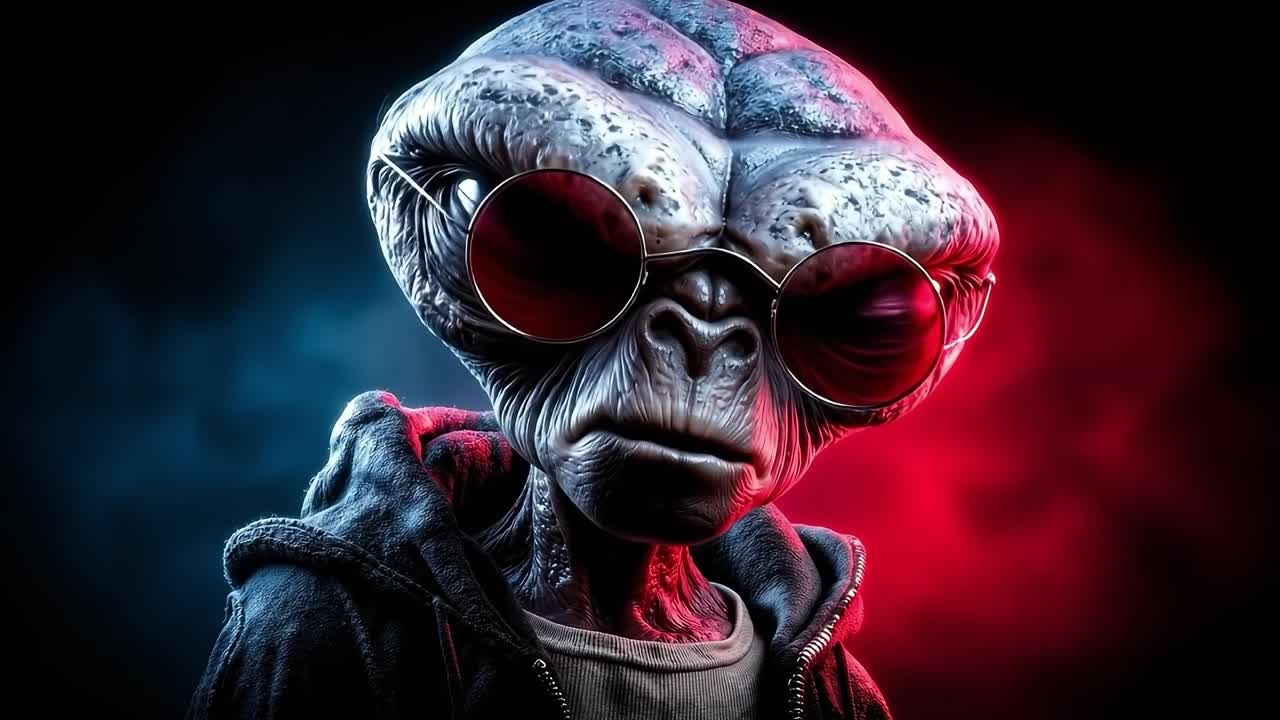 A close up of an alien wearing sunglasses and a hoodie