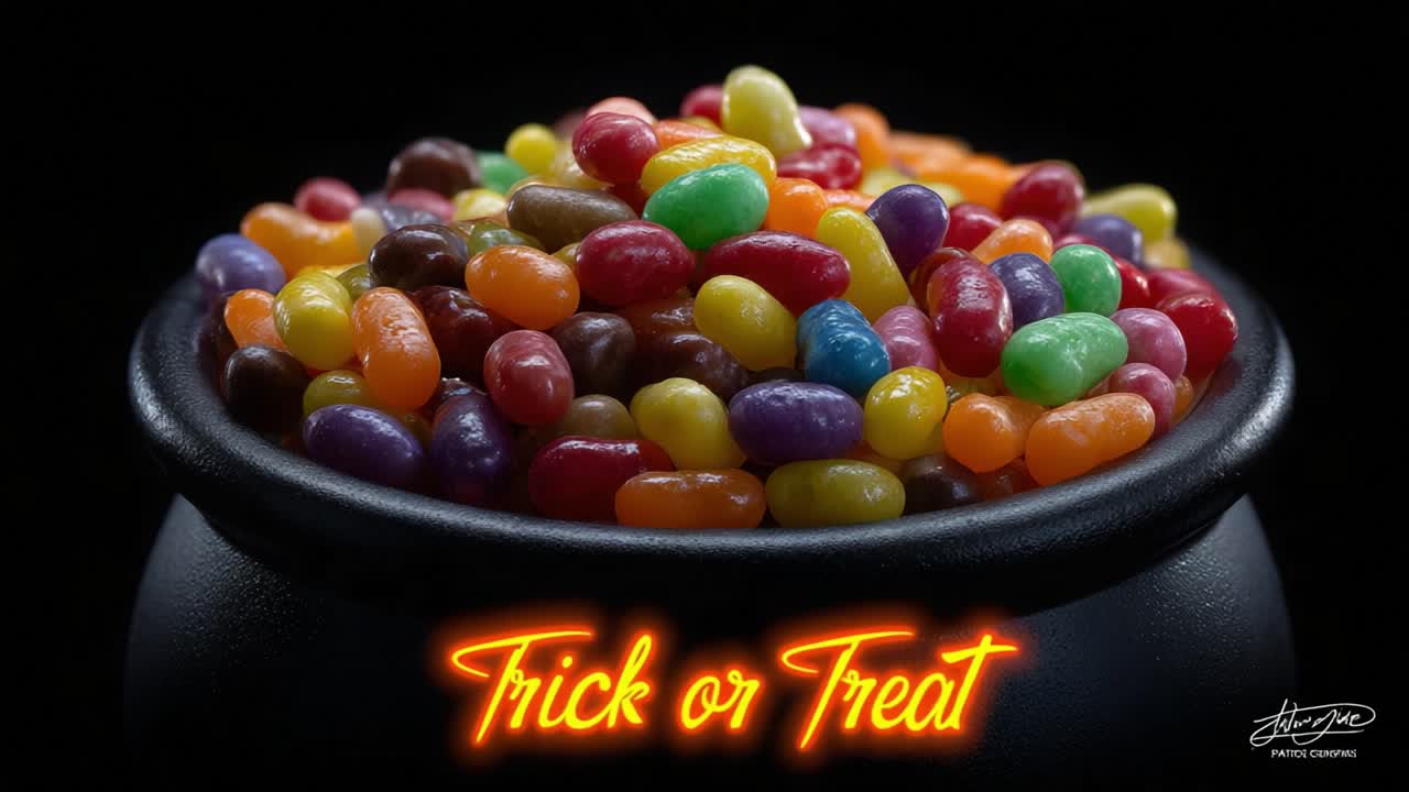 Colorful assortment of jelly beans inside a black witch's cauldron for Halloween, with a glowing orange Trick or Treat text message appearing, representing a classic autumn holiday tradition