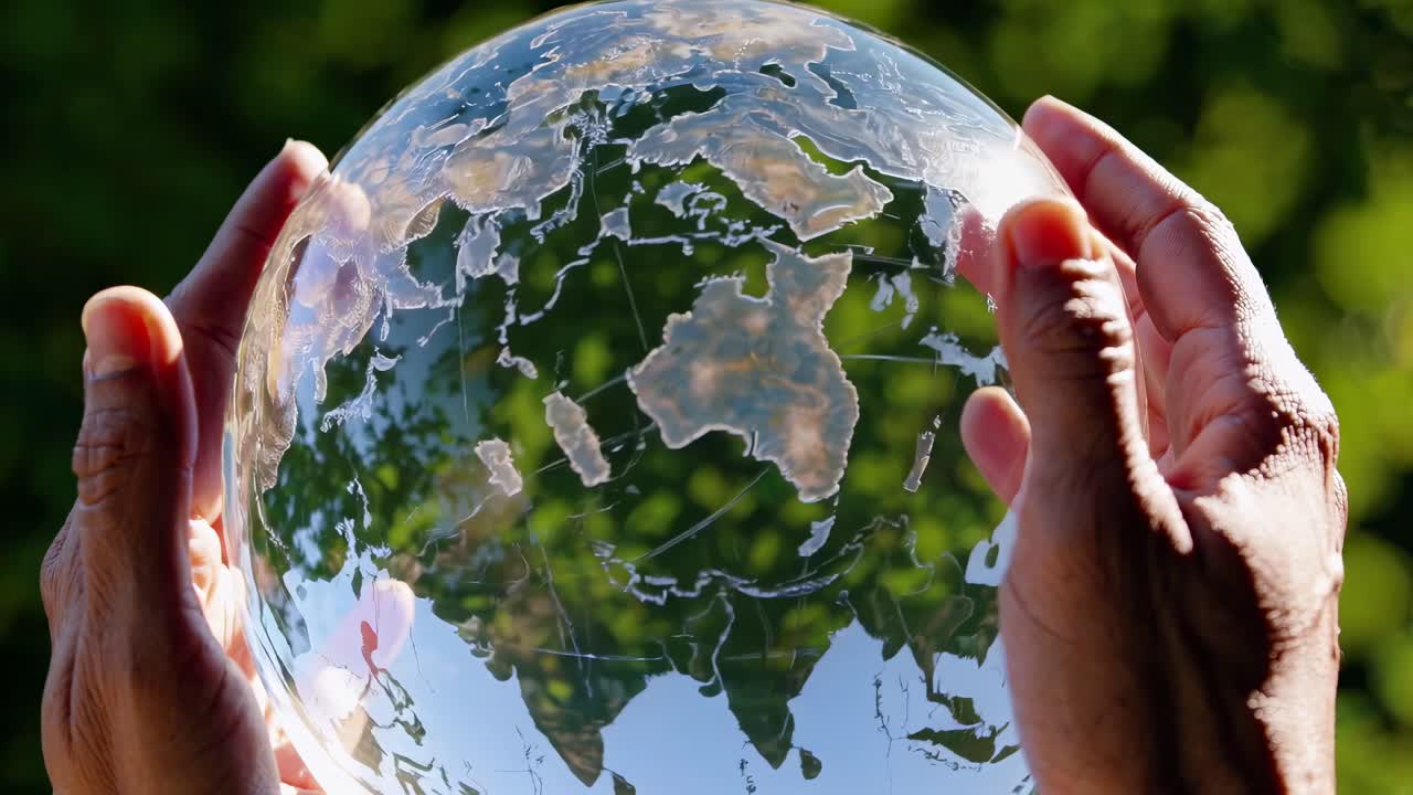 Close-up video shot of hands holding a transparent globe against a blurred green background