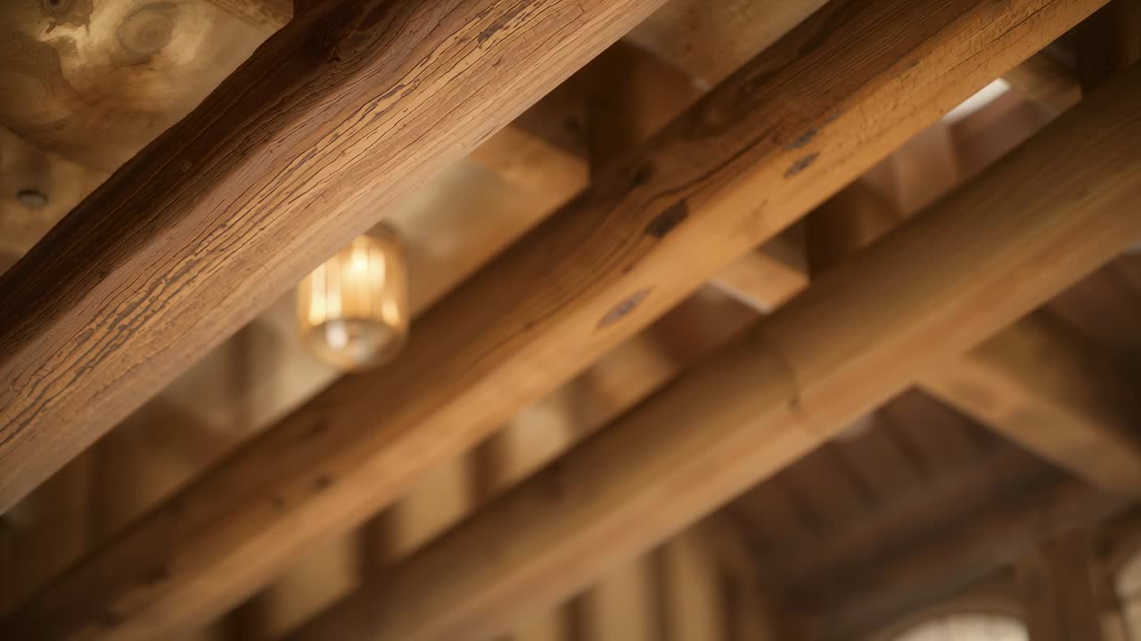 Shifting camera focus revealing round timber rafters at cabin, showing grain and pendant light