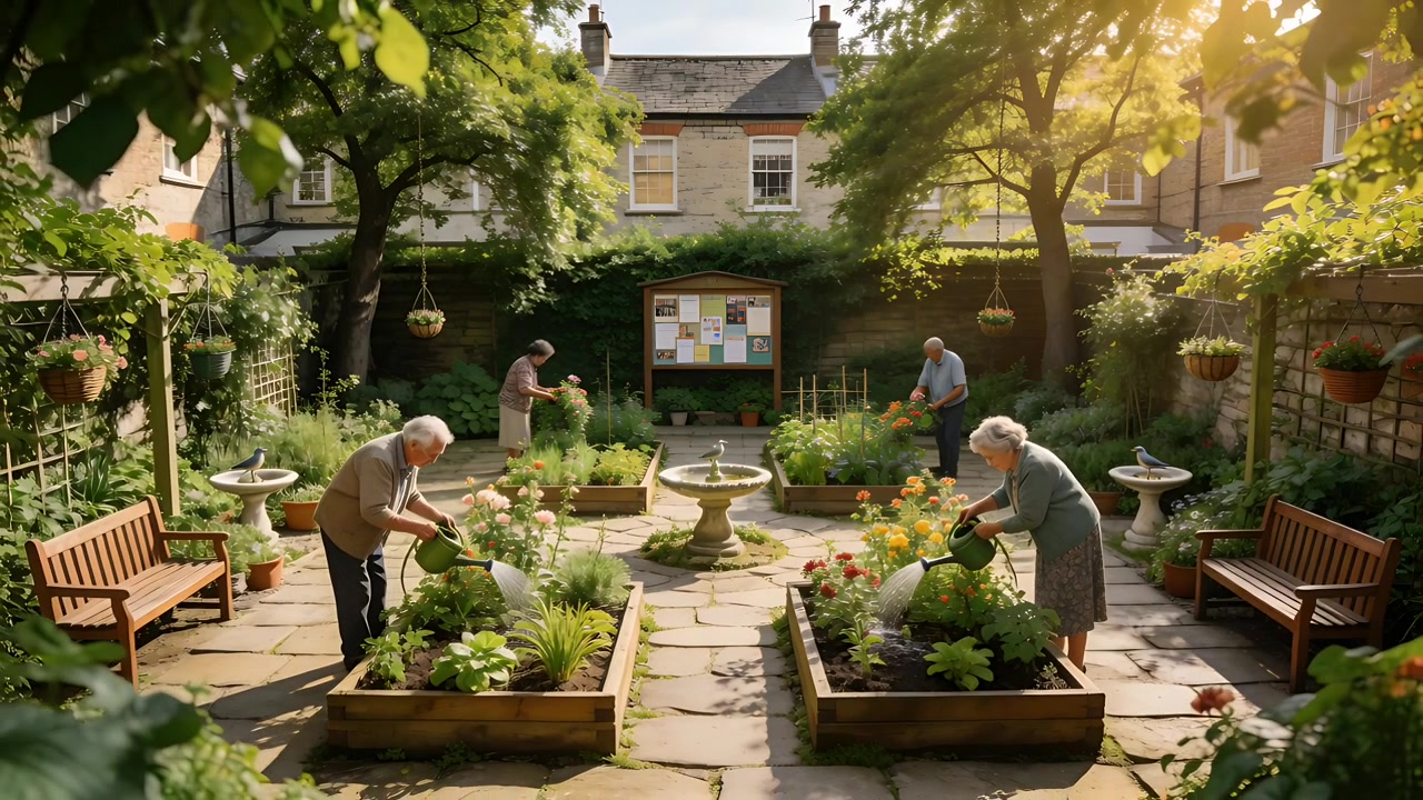 Watering four seniors in casual wear following sunlight, tending raised beds in courtyard with cans