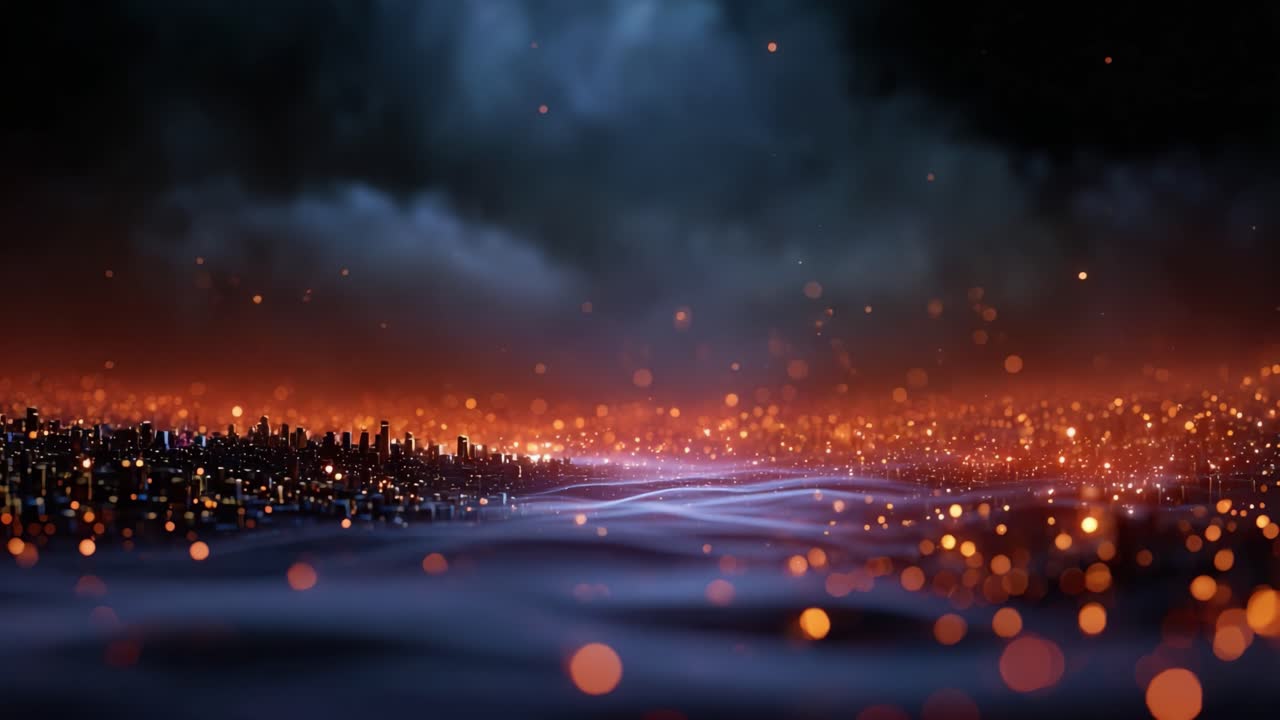 Una vista fascinante del océano iluminada por luces doradas bajo un cielo espectacular, creando una atmósfera cautivadora en la costa de un paisaje urbano.