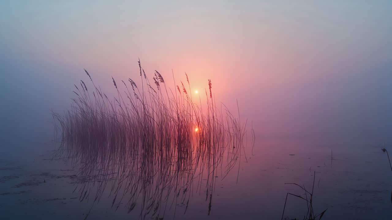 Rippling breeze stirring thinning mist, swaying reeds over calm lake at dawn, reflecting rising sun