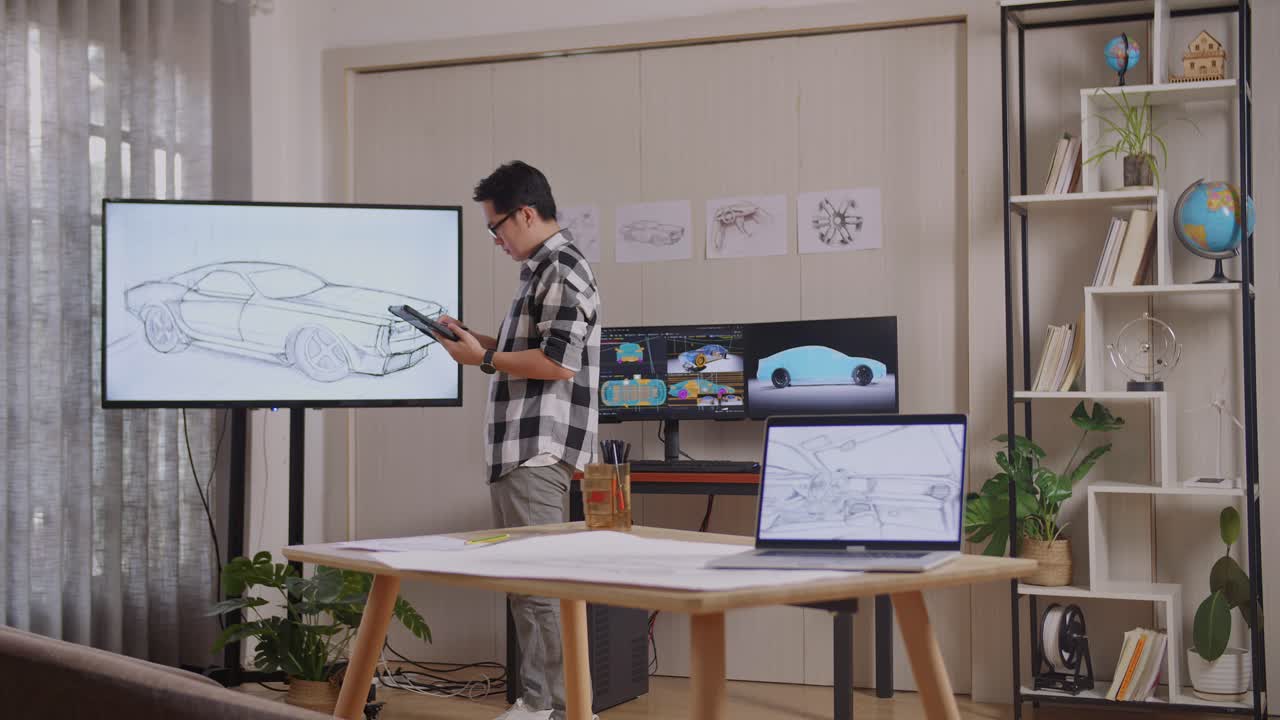 컴퓨터 디스플레이 3d 전기 자동차 모델과 함께 스튜디오에서 작업하는 동안 태블릿에서 그의 자동차 디자인을 tv에서 사진과 비교하는 아시아 남성의 측면 뷰
