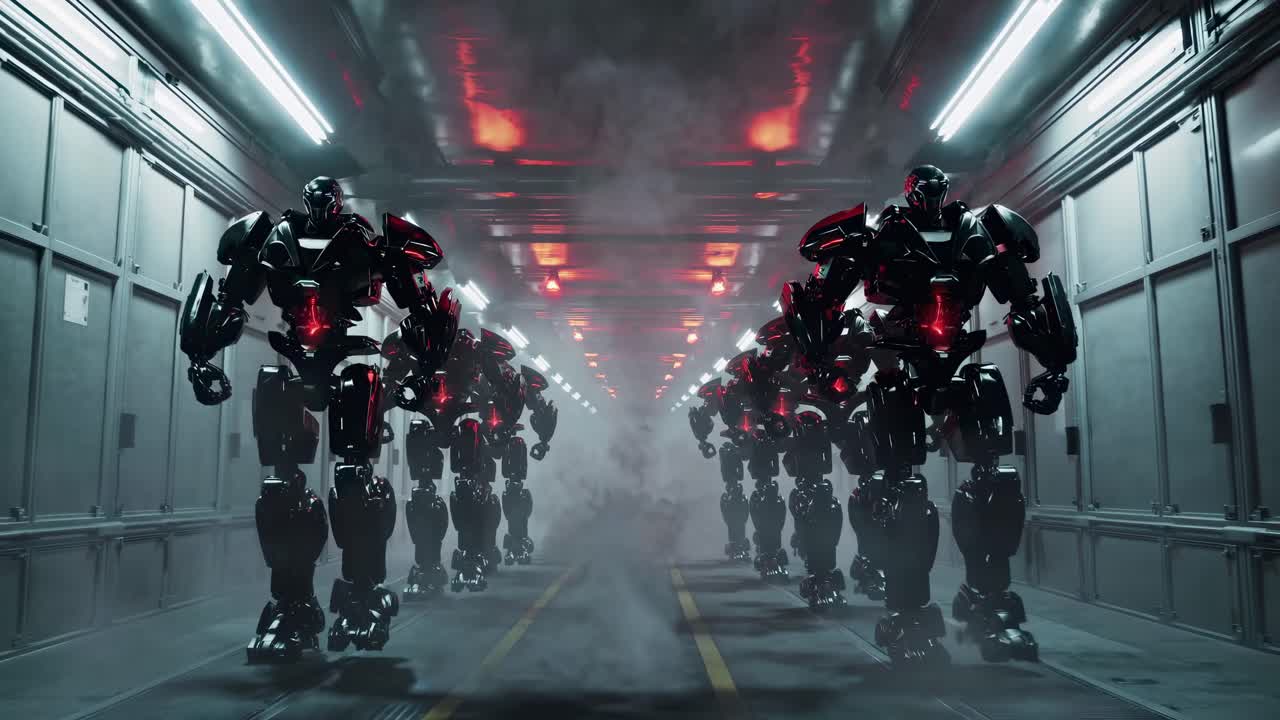 Futuristic video scene of robots marching in a dimly lit corridor