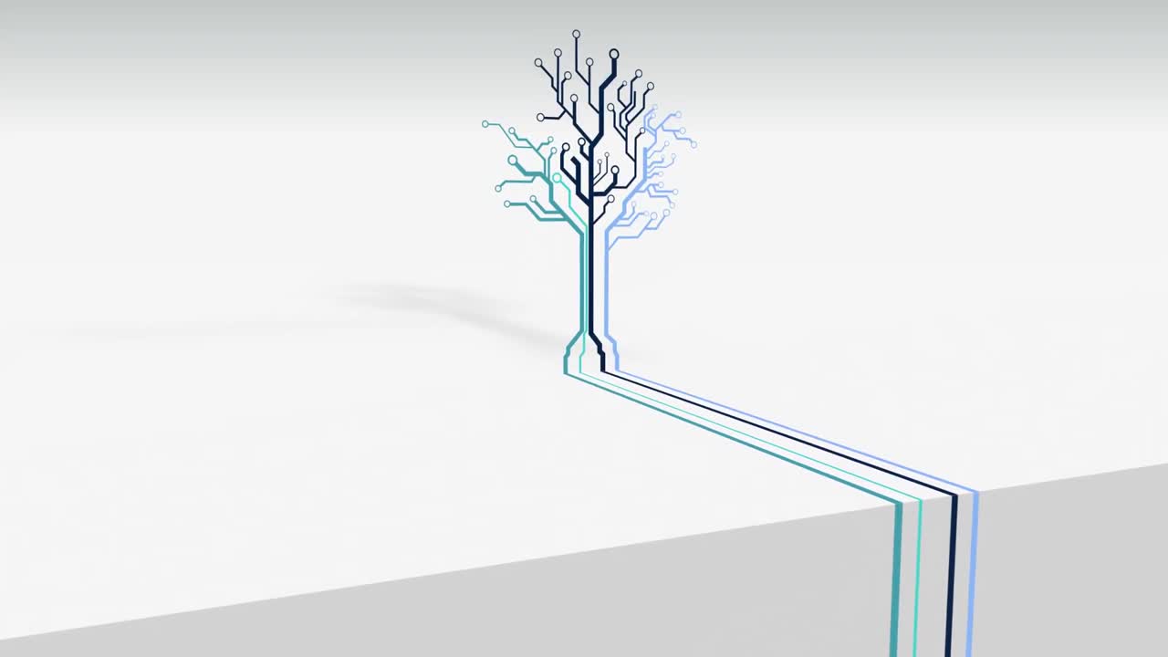 animación del árbol formado con elementos de la placa de circuitos integrados del procesador de computadora