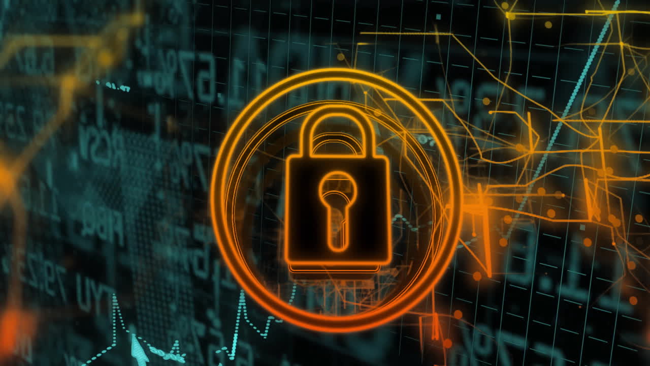 Lock and key symbol animation over financial data and graphs background