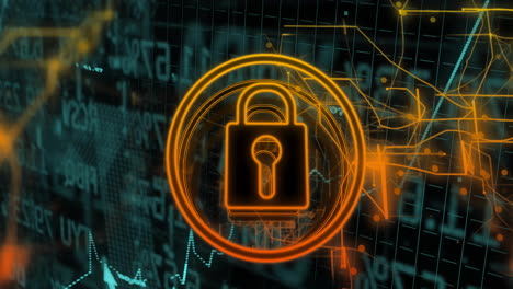animación de bloqueo y símbolo clave sobre datos financieros y gráficos de fondo
