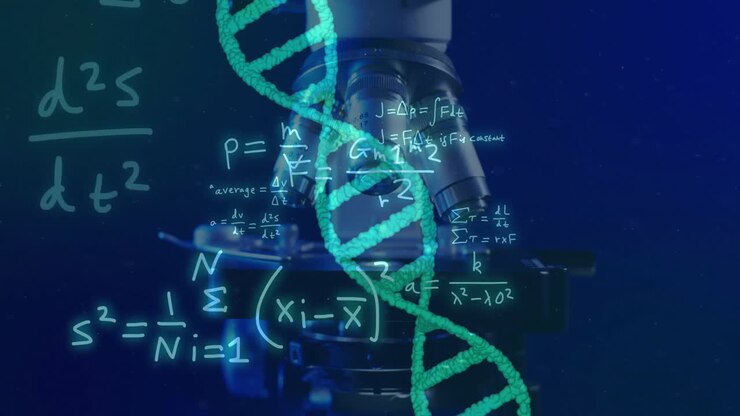 Animação de fita de DNA e processamento de dados científicos sobre placas de laboratório em fundo azul