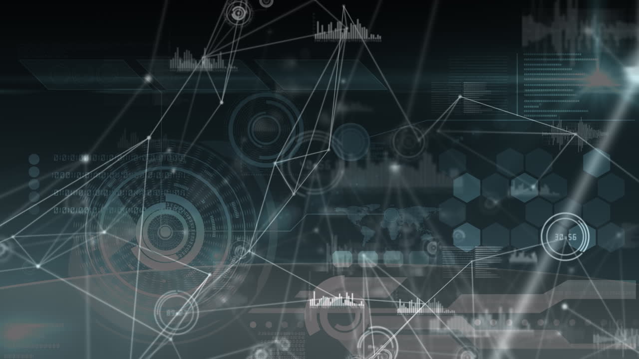 Animation of network of connections over data processing on black background