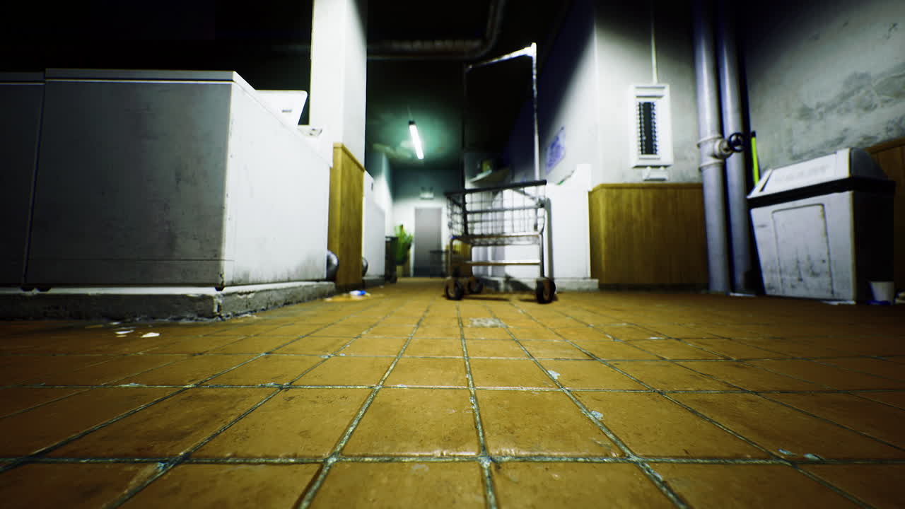 Empty hallway in a dimly lit laundry area with a shopping cart