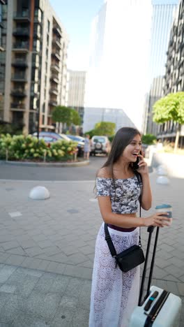 young woman on phone call with suitcase in a city