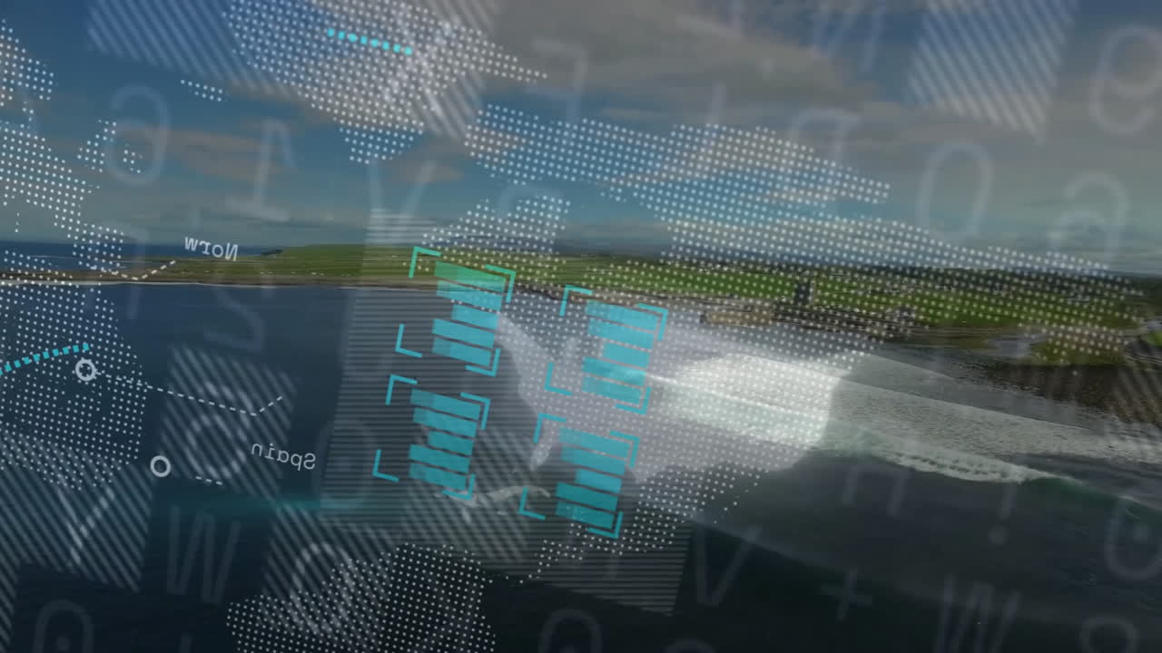 Animated digital data and network connections overlay scenic landscape background