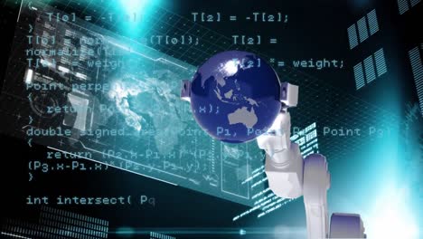 animación del procesamiento de datos, mapa del mundo, giro del globo y mano de robot