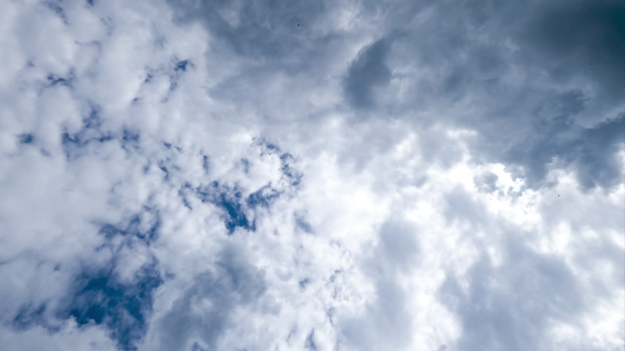 Heavy clouds covering blue sky. White clouds turning into grey. View from below timelapse.