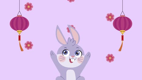 animación del festival de la luna feliz con conejo y lámparas