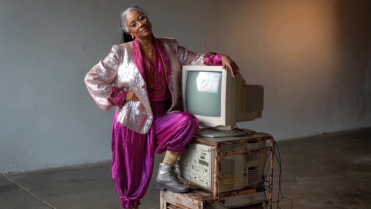 Stylová žena v retro módě pózující s vintage počítačem