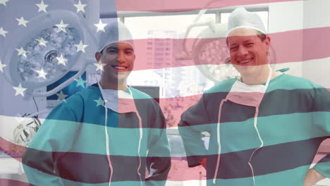 animation of flag of usa waving over surgeons in operating theatre