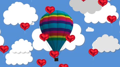 múltiples globos en forma de corazón flotando contra un globo de aire caliente en el cielo azul