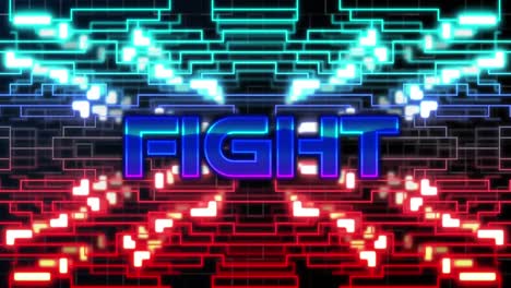 animation of fight text over neon computer circuit board on black background