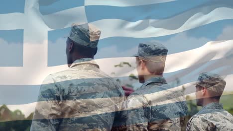 Animation-of-flag-of-greece-over-diverse-male-soldiers-saluting