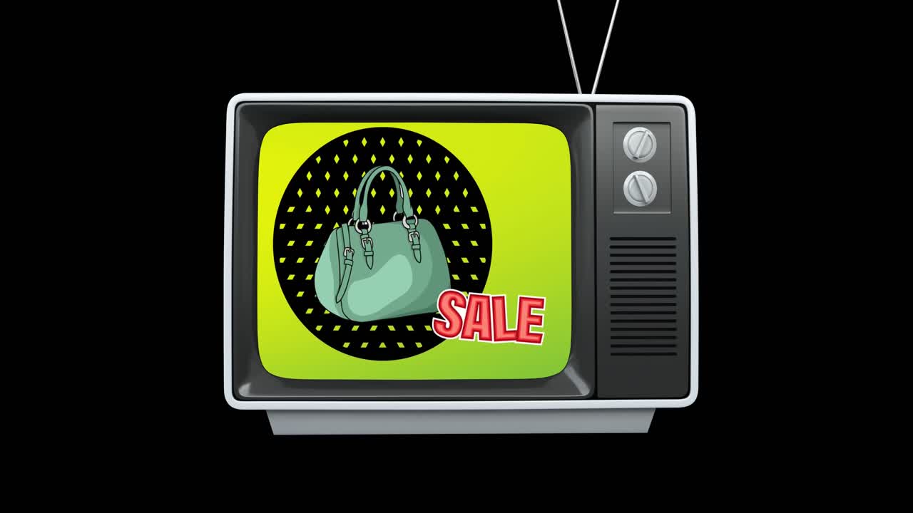 검은색 배경의 tv에서 판매 텍스트와  ⁇ 드백 아이콘의 애니메이션