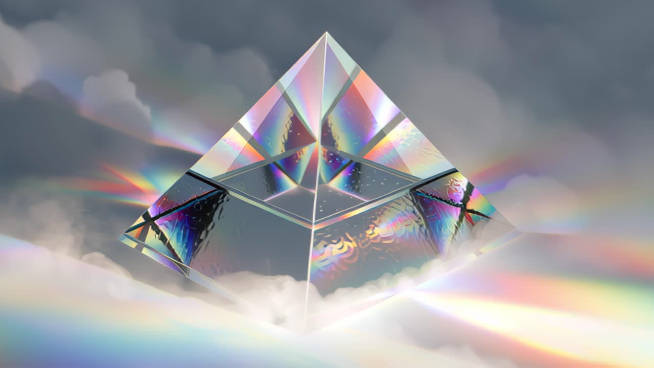 Piramide prismatica 3D astratta e futuristica che fluttua sopra nuvole soffici, disperdendo rifrazioni iridescenti dell'arcobaleno e bagliori dell'obiettivo, uno sfondo fantascientifico onirico per concetti tecnologici.