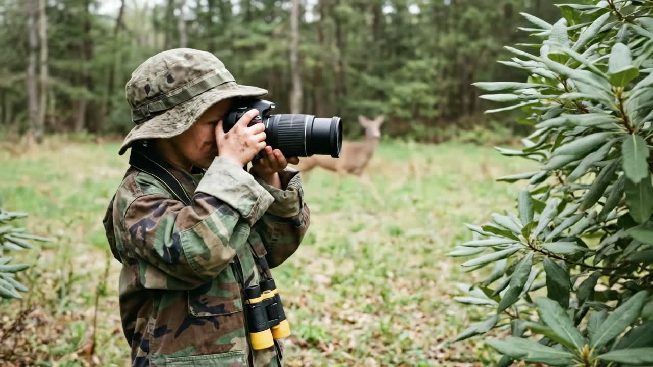 Young Boy in Camouflage Taking Photos of a Deer in the Forest