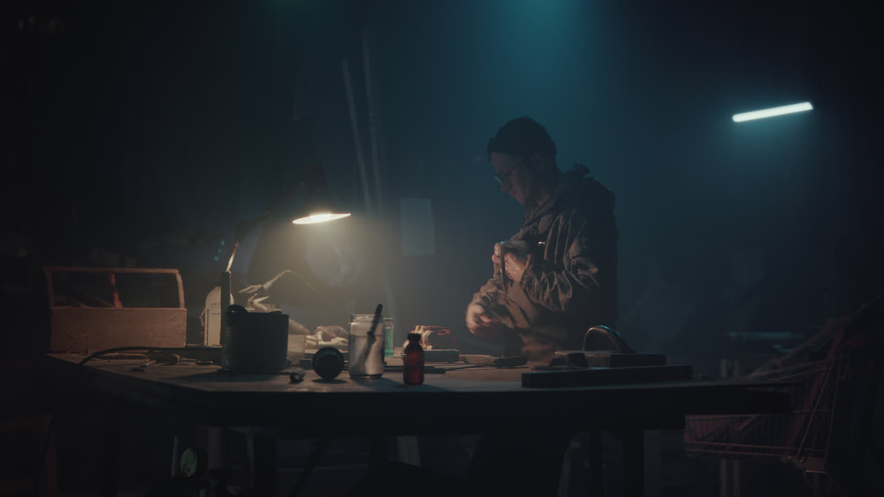 A bombmaker assembles a bomb in his workshop at night