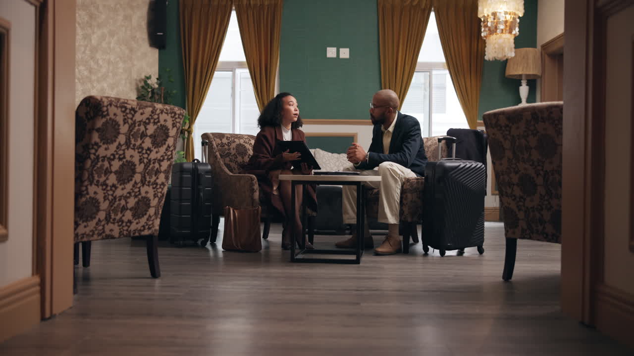 Business meeting in a hotel lobby