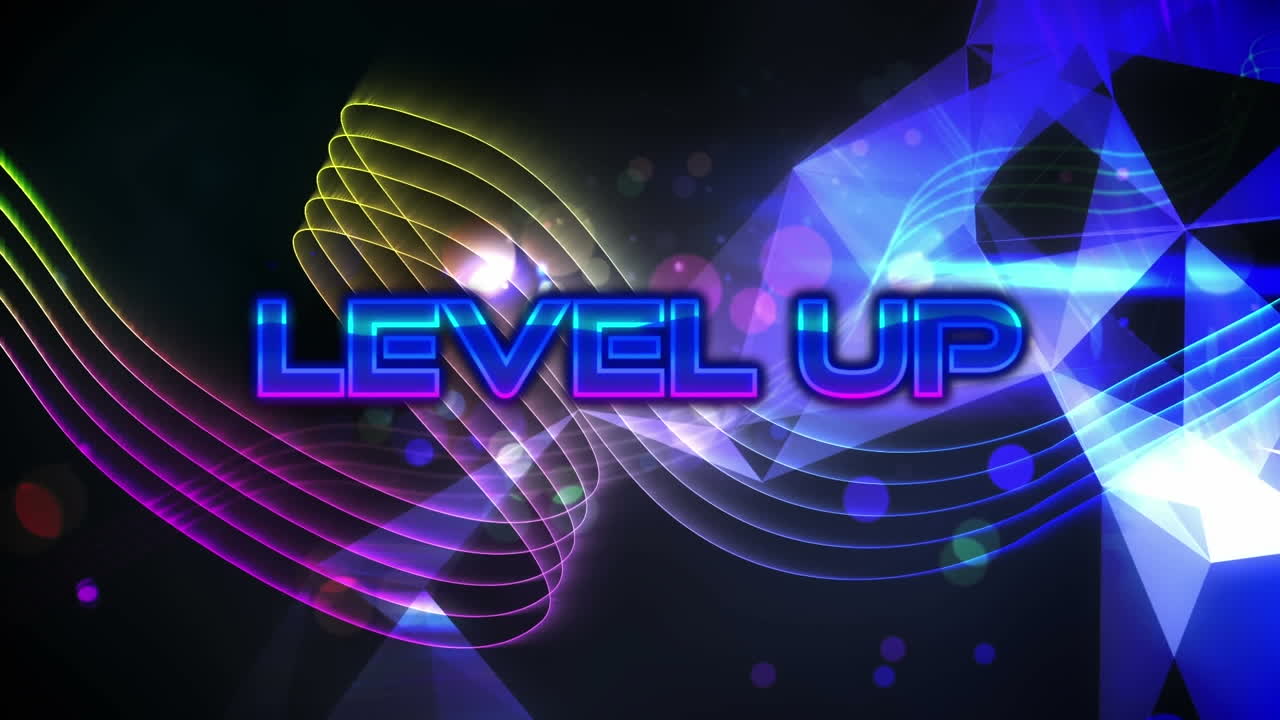 Animation of level up text over neon shapes moving
