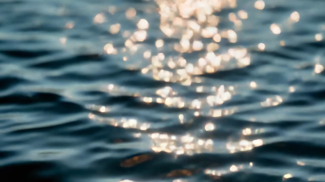 Shifting sunlit water surface moving at lake from breeze, making bokeh highlights and ripples