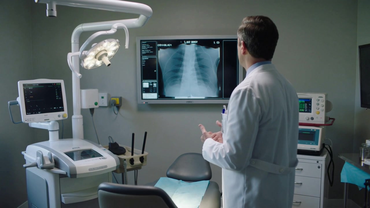 Seeing chest x-ray on wall display doctor wearing lab coat reviewing results in clinic, copy space