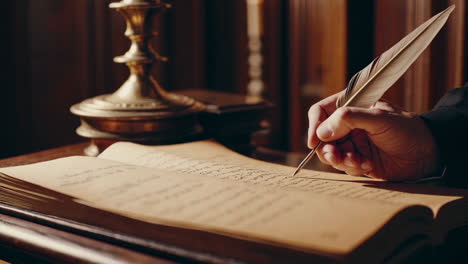 historical figure reading and writing in an antique setting