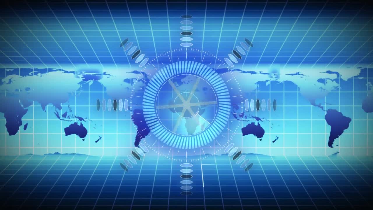 파란색에 세계 지도와 그리드와 함께 원형 범위 스캐닝의 애니메이션